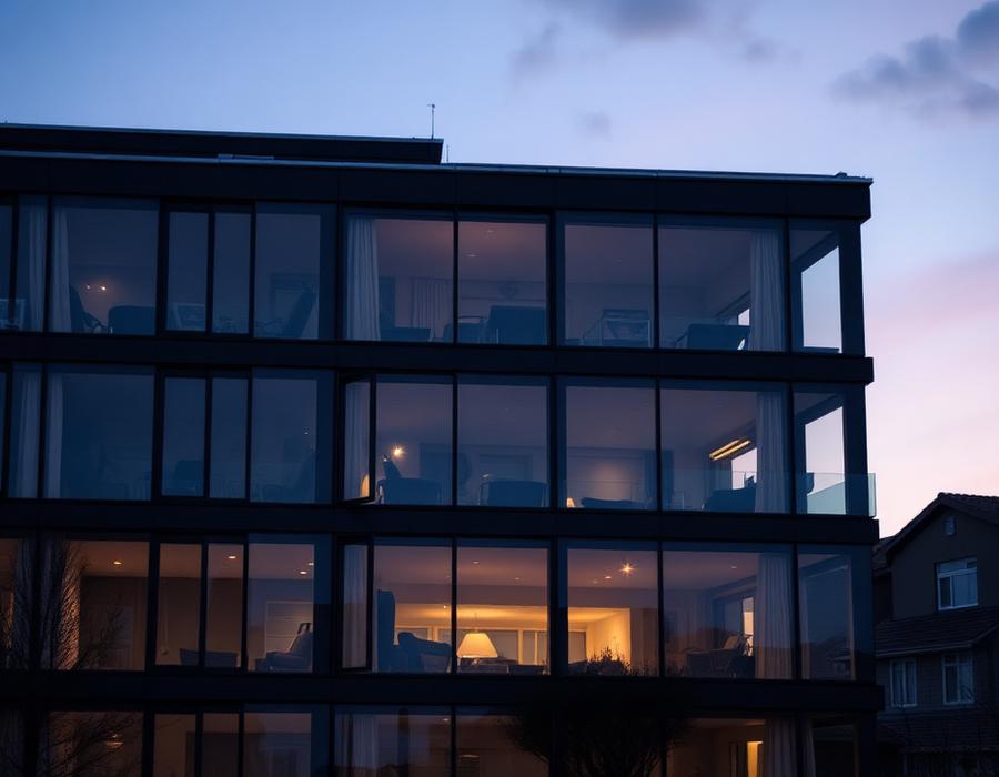 Fachada de vidro com película residencial ao entardecer